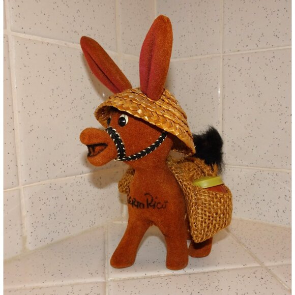 Vintage Fuzzy Flocked Donkey Carrying Salt & Pepper Shakers Puerto Rico Souvenir - Picture 5 of 13